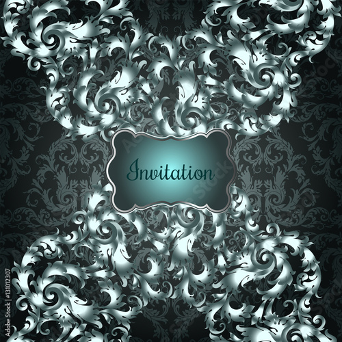 Vintage dark background, floral antique card, victorian silver ornament, baroque frame, beautiful, luxury, old decor, royal, ornate cover page, wealthy style pattern template for design