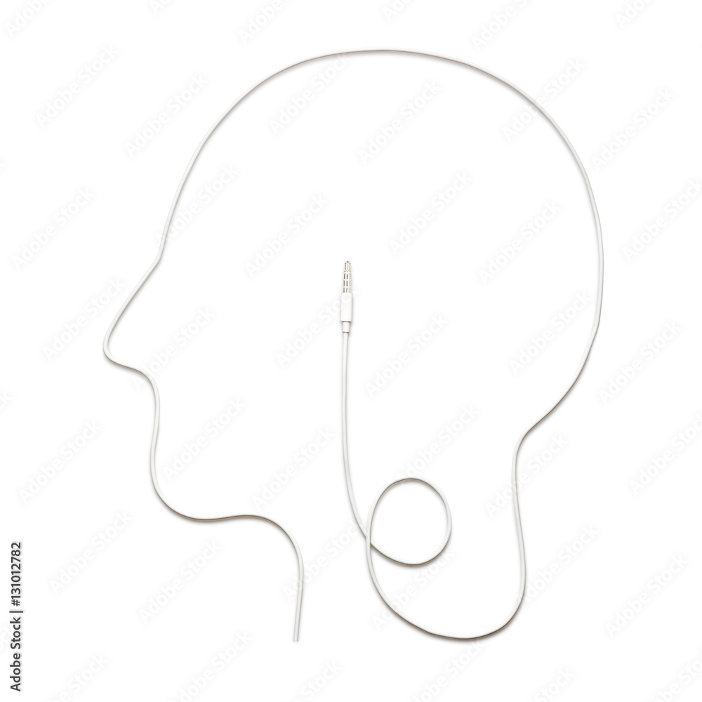 Fotografie Plag in your head / Creative concept photo of a head made of a cable with mini lack connector isolated on white