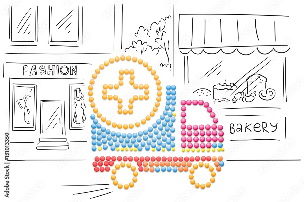 Φωτογραφία Medication delivery / Creative medicine and healthcare concept made of pills, drug and medication delivery by truck, on sketchy background