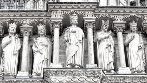Statues on the front facade of Notre Dame Cathedral, Paris