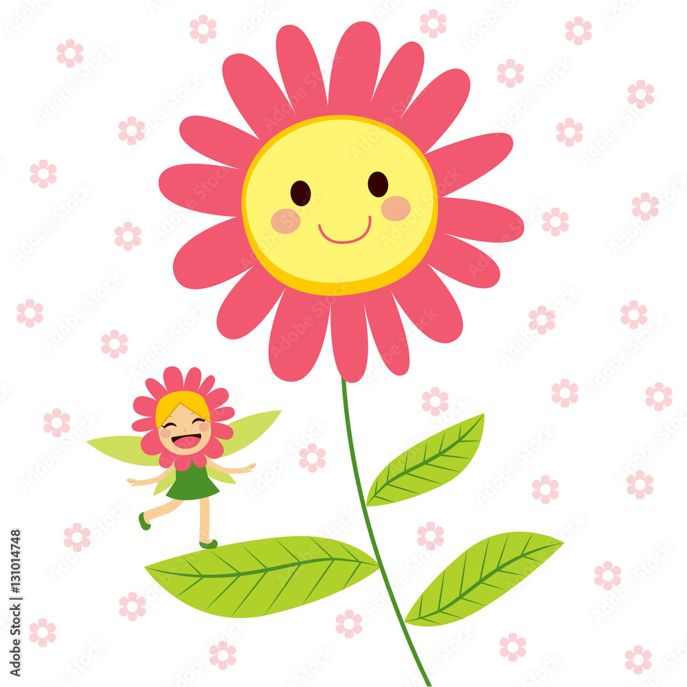 Φωτογραφία Big pink flower playing with happy magical little baby fairy