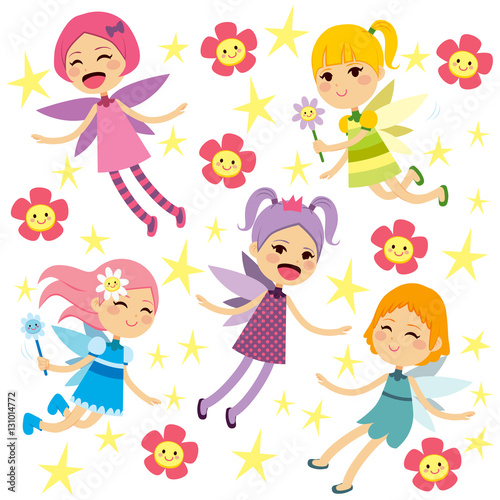 Cute beautiful colorful different fairies flying collection