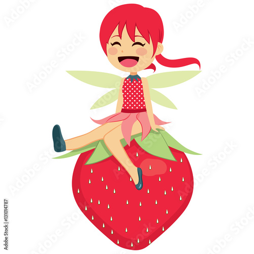 Cute little strawberry fairy sitting happy in big red strawberry fruit