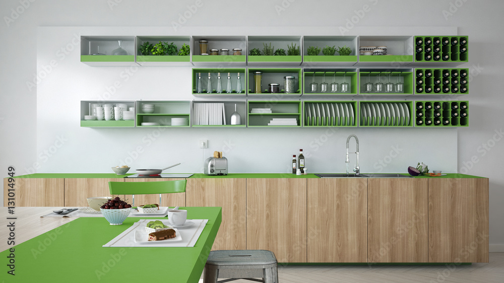 Minimalistic white kitchen with wooden and green details, vegeta