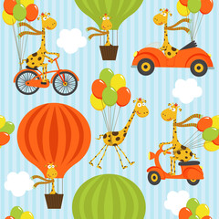 Wandcirkels Dieren met ballon patronen Giraffen op luchtballonnen kinderpatroon  © nataka