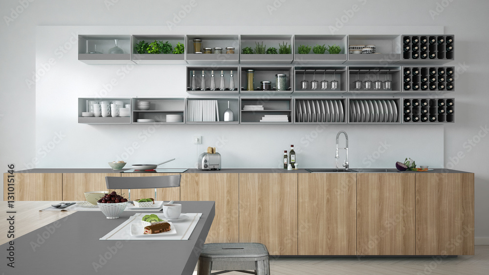Minimalistic white kitchen with wooden and gray details, vegetar