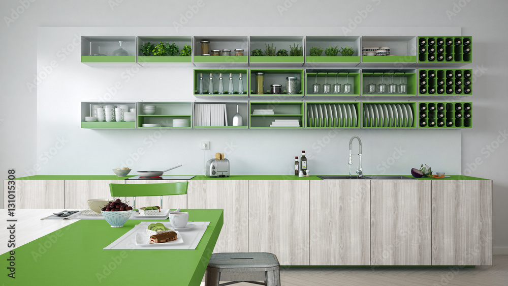 Minimalistic white kitchen with wooden and green details, vegeta