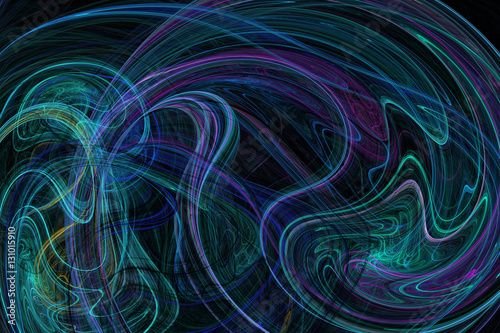 Abstract swirly lines on black background. Fantasy green and blue fractal design for posters, postcards or t-shirts. Digital art. 3D rendering.