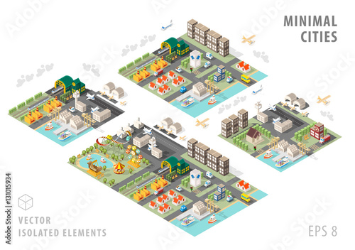 Set of Isolated Isometric Minimal City Maps. Elements with Shadows on White Background.
