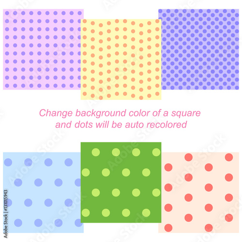 Set of six seamless backgrounds with auto recoloring dots patterns