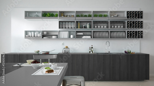 Minimalistic white kitchen with wooden and gray details, vegetar