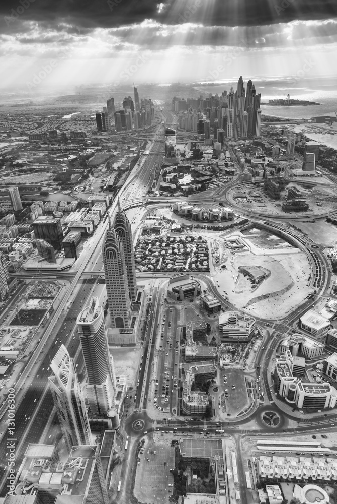 DUBAI, UAE - DECEMBER 10, 2016: Aerial view of city skyline. Dub