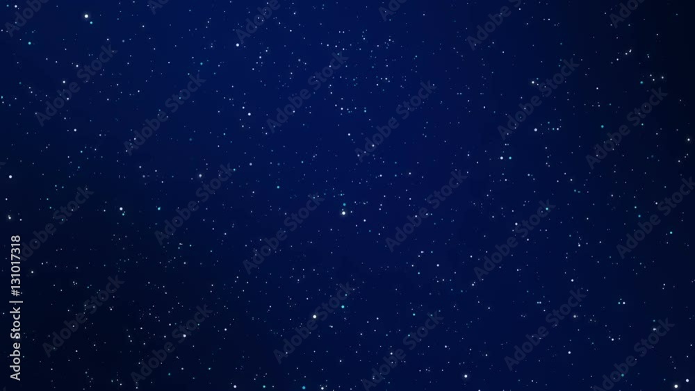 Glowing blue white dot particles flickering on a dark blue background imitating a night sky full of stars.