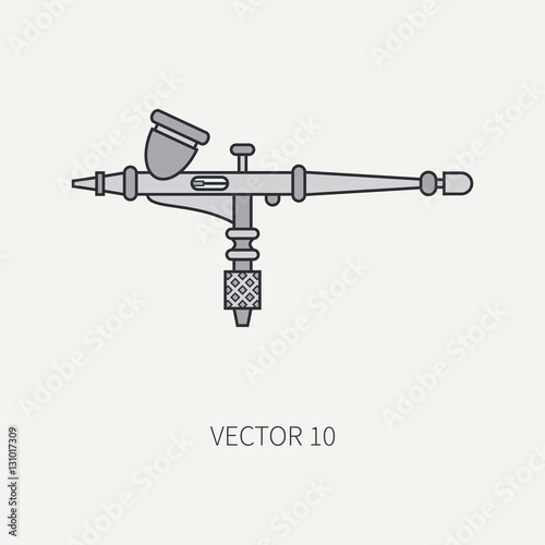 Line flat color vector icon of drawing instruments for aerography. Cartoon style. Drawing. Airbrush. Art. Illustration and element for your design. Clipart. Air compressor. Industrial. Spray. Logo.