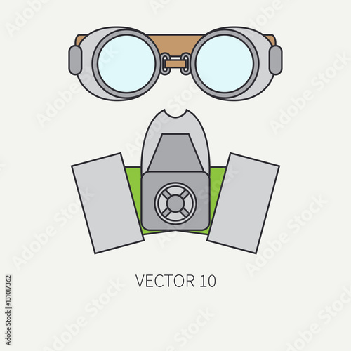 Line flat color vector icon of drawing instruments for aerography - respirator, goggles. Cartoon style. Drawing. Airbrush. Illustration and element for your design. Industrial clipart. Logo.