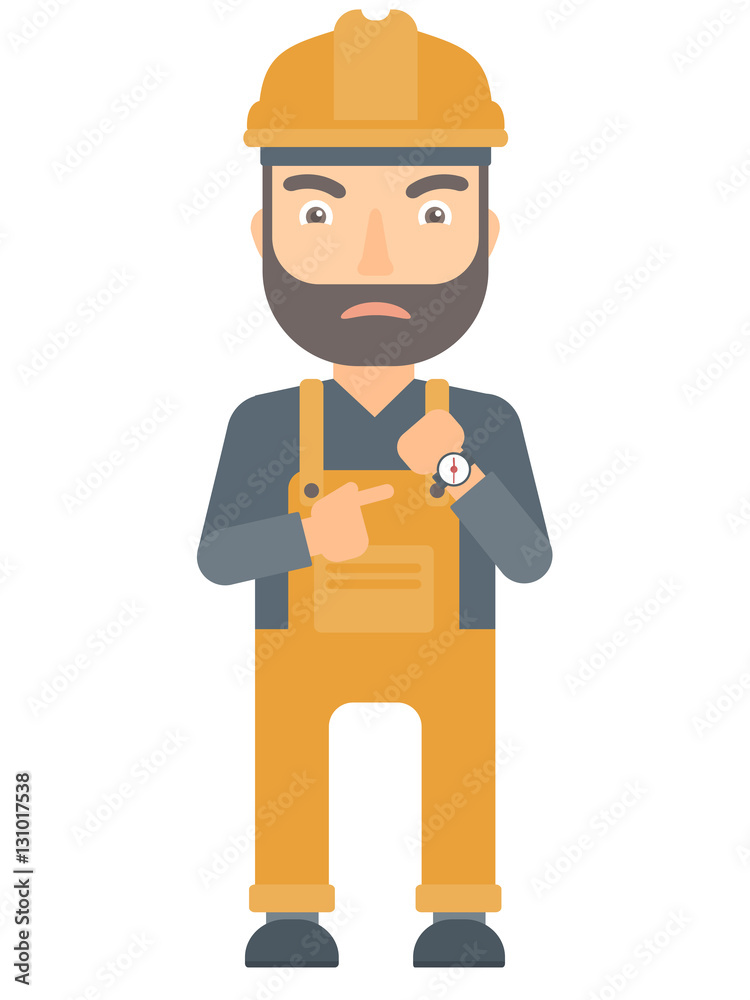 Angry constructor pointing at wrist watch. Angry constructor pointing at wrist watch.