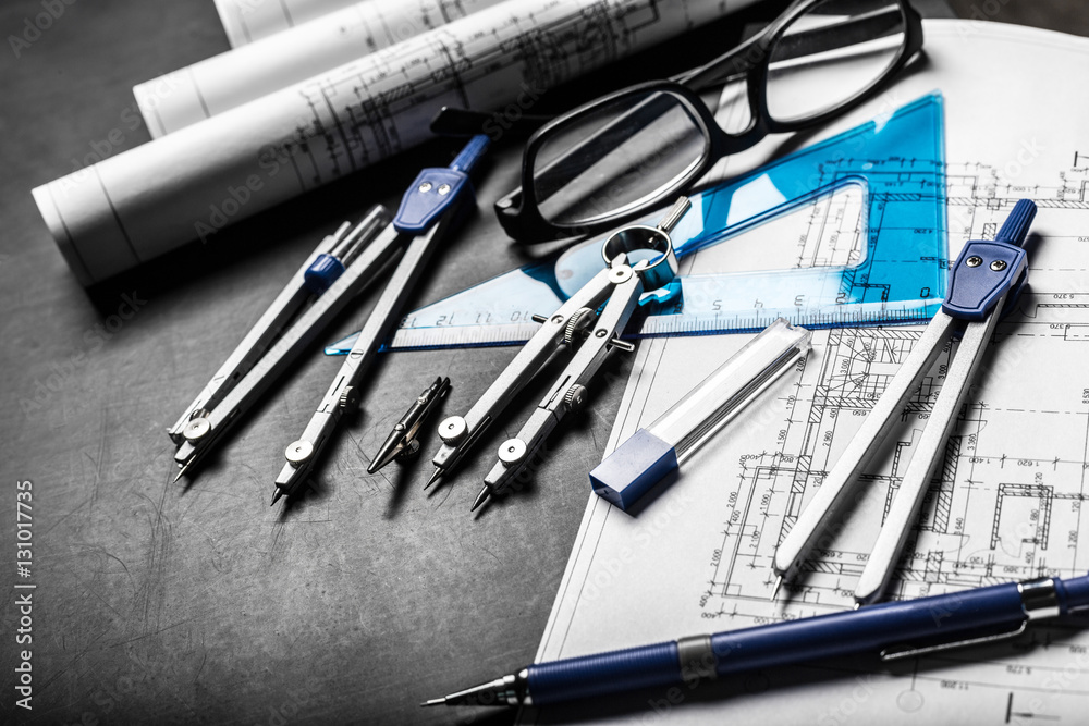 Construction planning drawings on black background Construction planning drawings on black background
