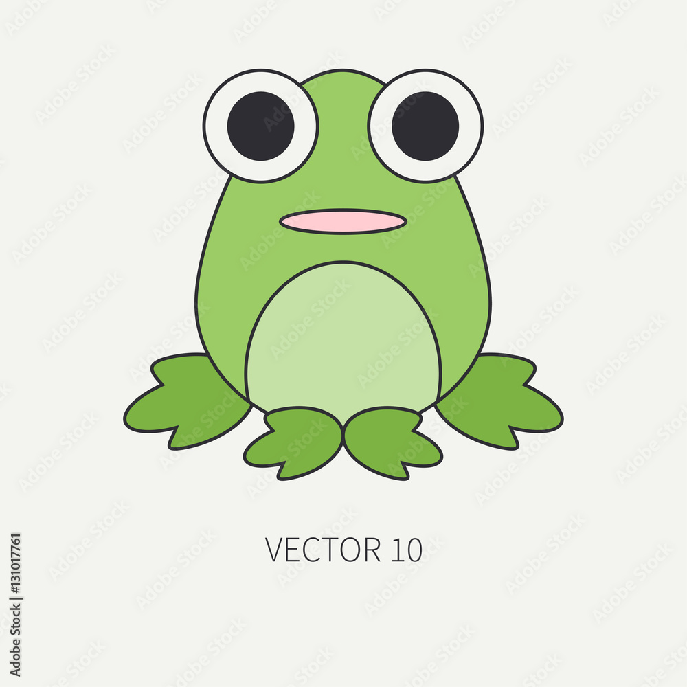 Flat line color vector icon with cute animal for baby products - frog.  Cartoon style. Childrens doodle. Babyhood. Newborn. Vector illustration and  element for your design and wallpaper. Kids. Farm. Stock Vector |