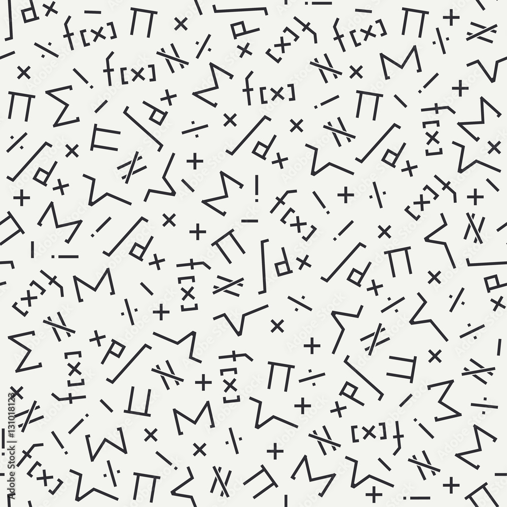 Flat monochrome vector seamless mathematical motif pattern. Fabric textile elements. Cute doodle with algebraic expressions and symbols. Vector illustration and element for design. Science. Knowledge. Flat monochrome vector seamless mathematical motif pattern. Fabric textile elements. Cute doodle with algebraic expressions and symbols. Vector illustration and element for design. Science. Knowledge.