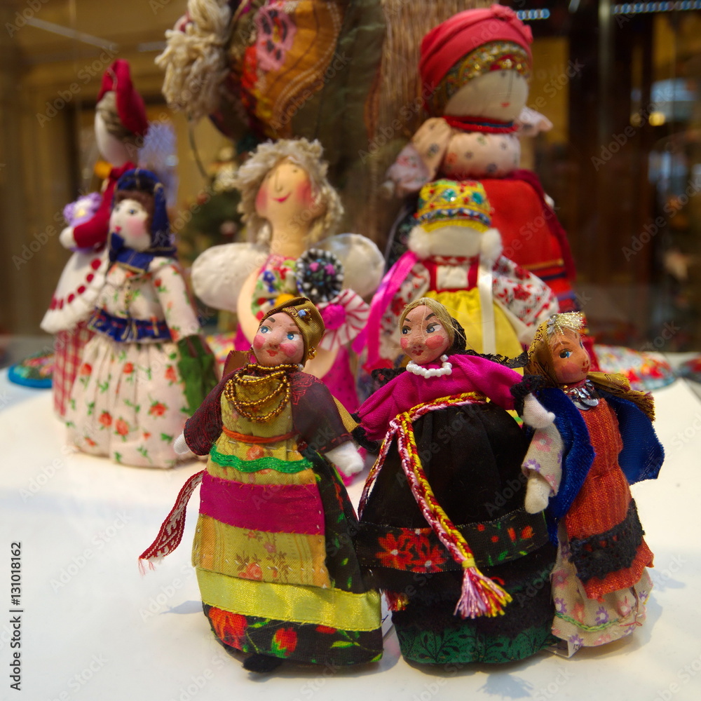 Moscow, Russia - December 16, 2016: Exhibition rag dolls in Gum. International  festival 
