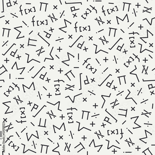 Flat monochrome vector seamless mathematical motif pattern. Fabric textile elements. Cute doodle with algebraic expressions and symbols. Vector illustration and element for design. Science. Knowledge.