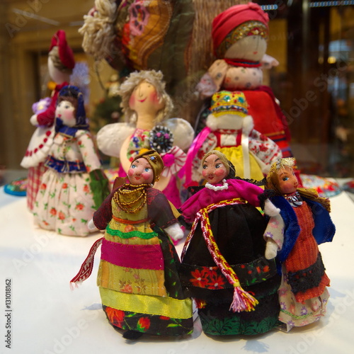 Moscow, Russia - December 16, 2016: Exhibition rag dolls in Gum. International festival "Soul of Russia" in Suzdal