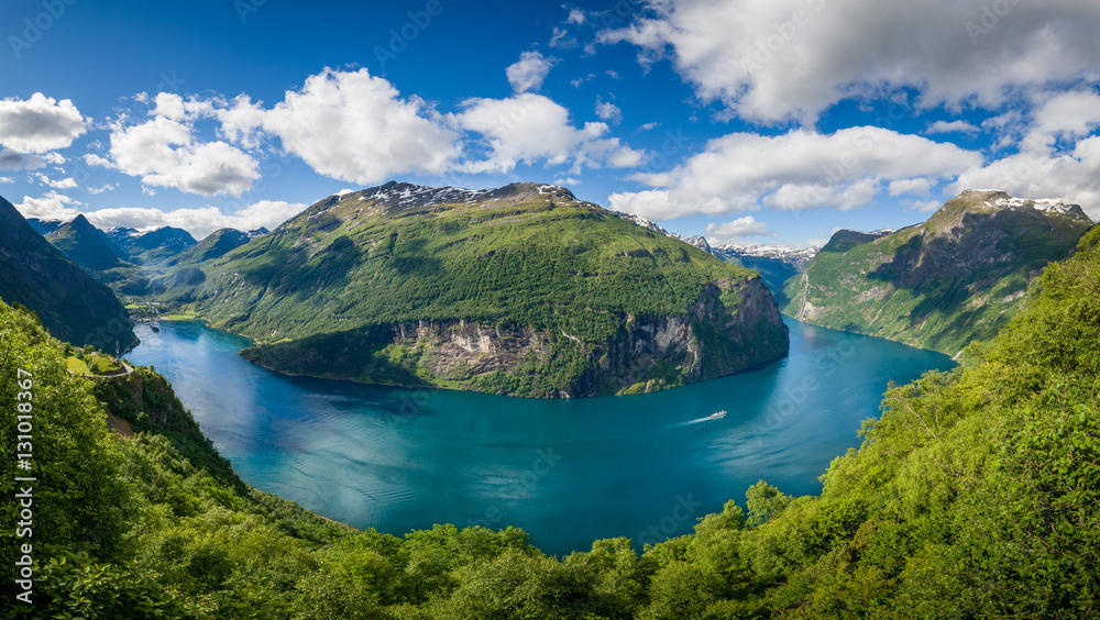 Aerial panorama of Geiranger fjord
