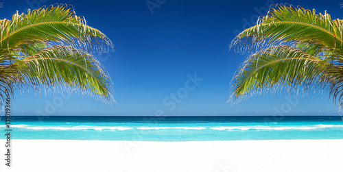 Fototapeta Naklejka Na Ścianę i Meble -  Tropical beach with coconut palm tree leafs, turquoise sea water