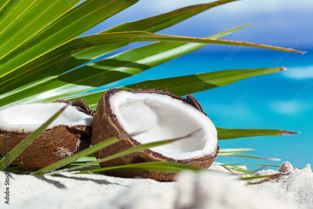 Broken brown coconut on sandy beach Broken brown coconut on sandy beach