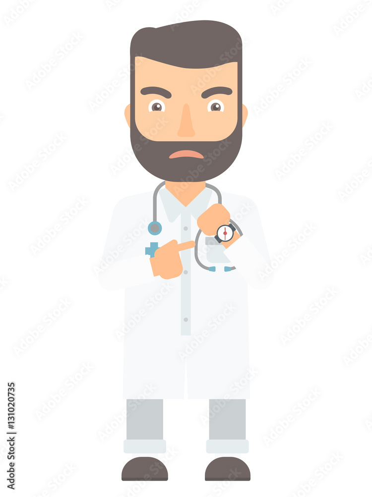 Angry head doctor pointing at wrist watch. Angry head doctor pointing at wrist watch.