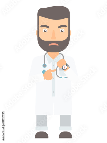 Angry head doctor pointing at wrist watch.