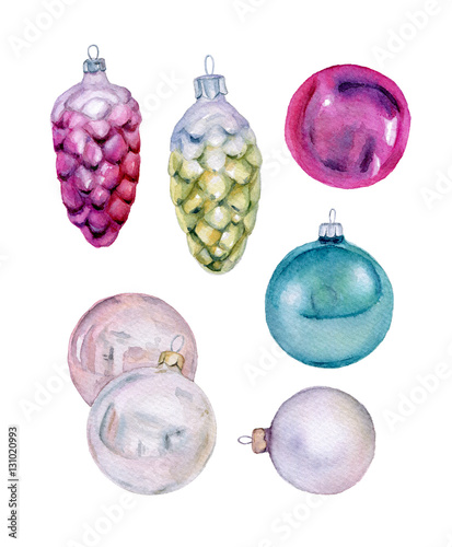 Set of vintage Christmas balls and cones. Watercolor Xmas or New Year Decorations