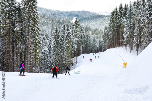 Obraz na płótnie skiers in the woods riding on the the ski run w salonie