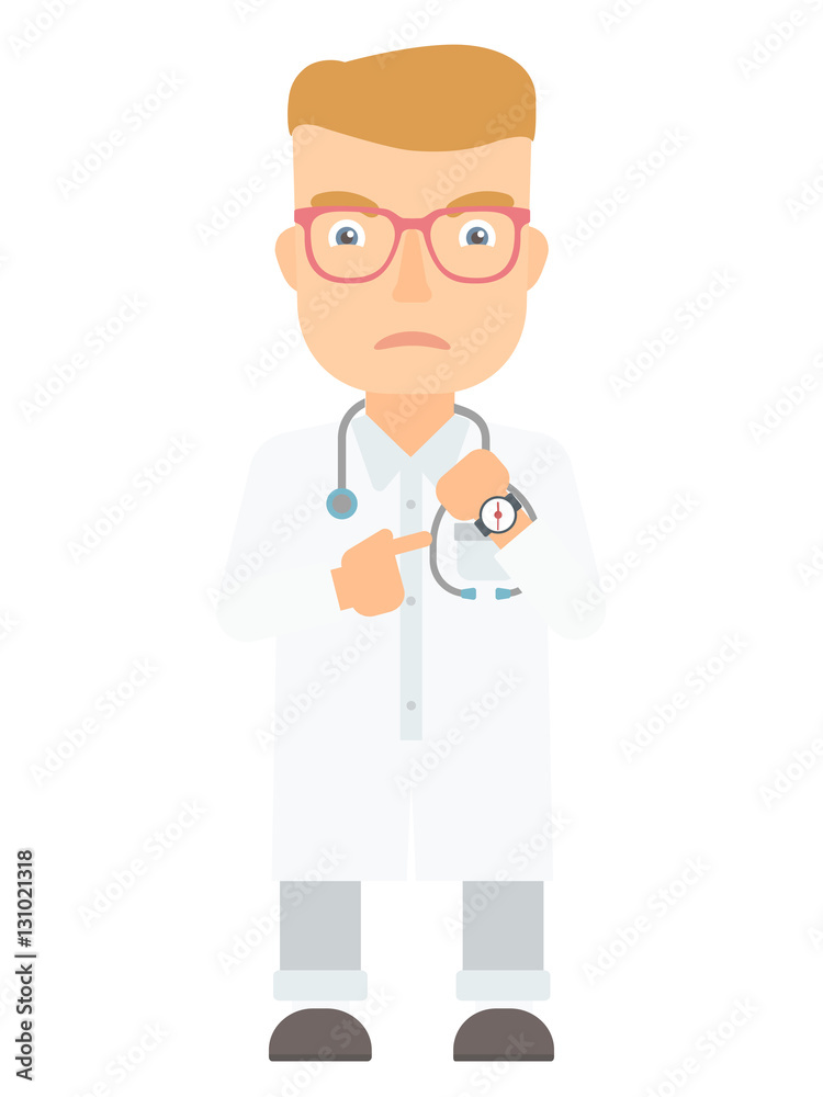 Angry head doctor pointing at wrist watch.