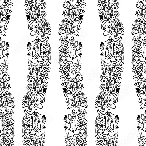 Seamless geometric vector paisley pattern. Ethnic floral motif, primitive oriental elements, vertical waves layout. Black outlines on a white background. Textile design.