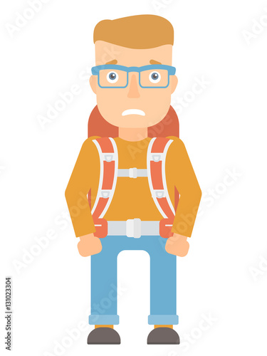 Embarrassed tourist with backpack.