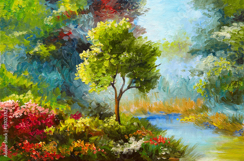 oil painting, flowers and trees near the river, sunset
