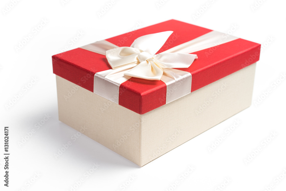 Obraz premium Red gift box with white ribbon isolated on white background. 