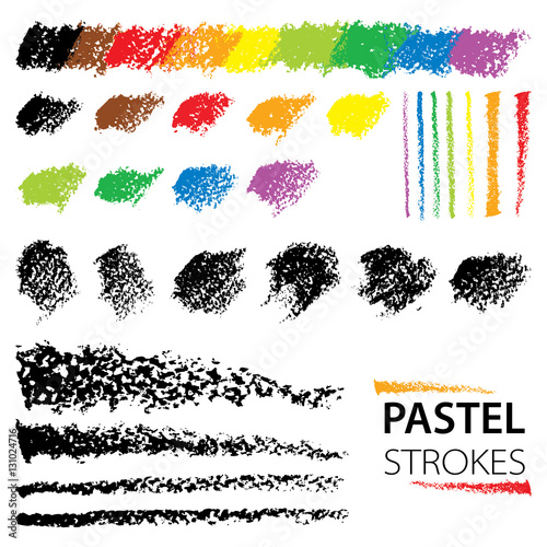 Vector set with oil pastel design elements isolated on white background. Black and color abstract textured strokes, stripes, lines and scratches in sketch style. Hand drawn art element.
