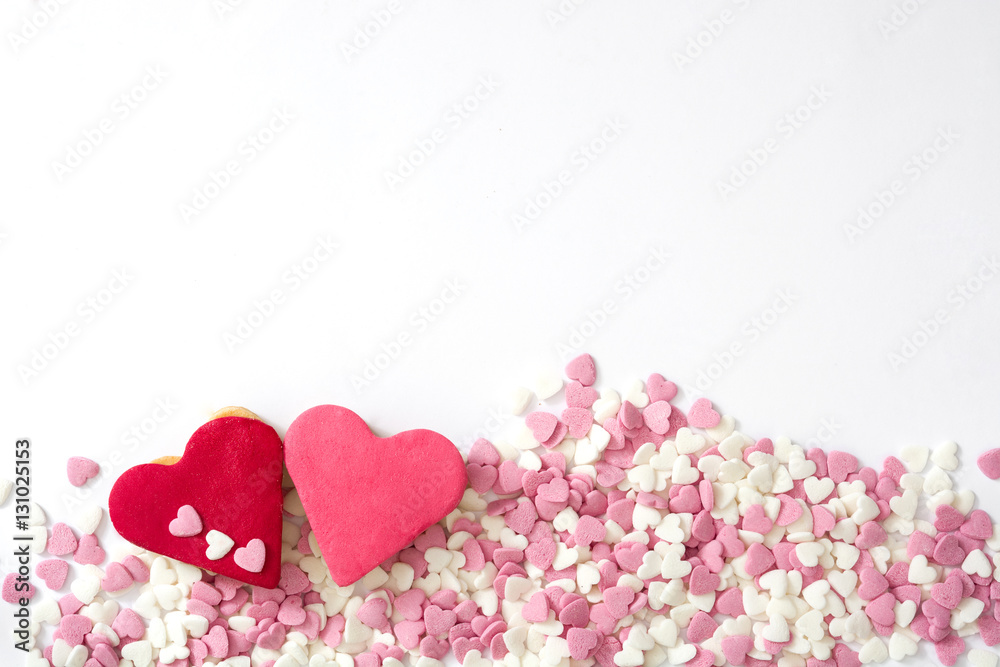 Obraz premium Valentine cookies with heart shape isolated on white background.Copyspace 