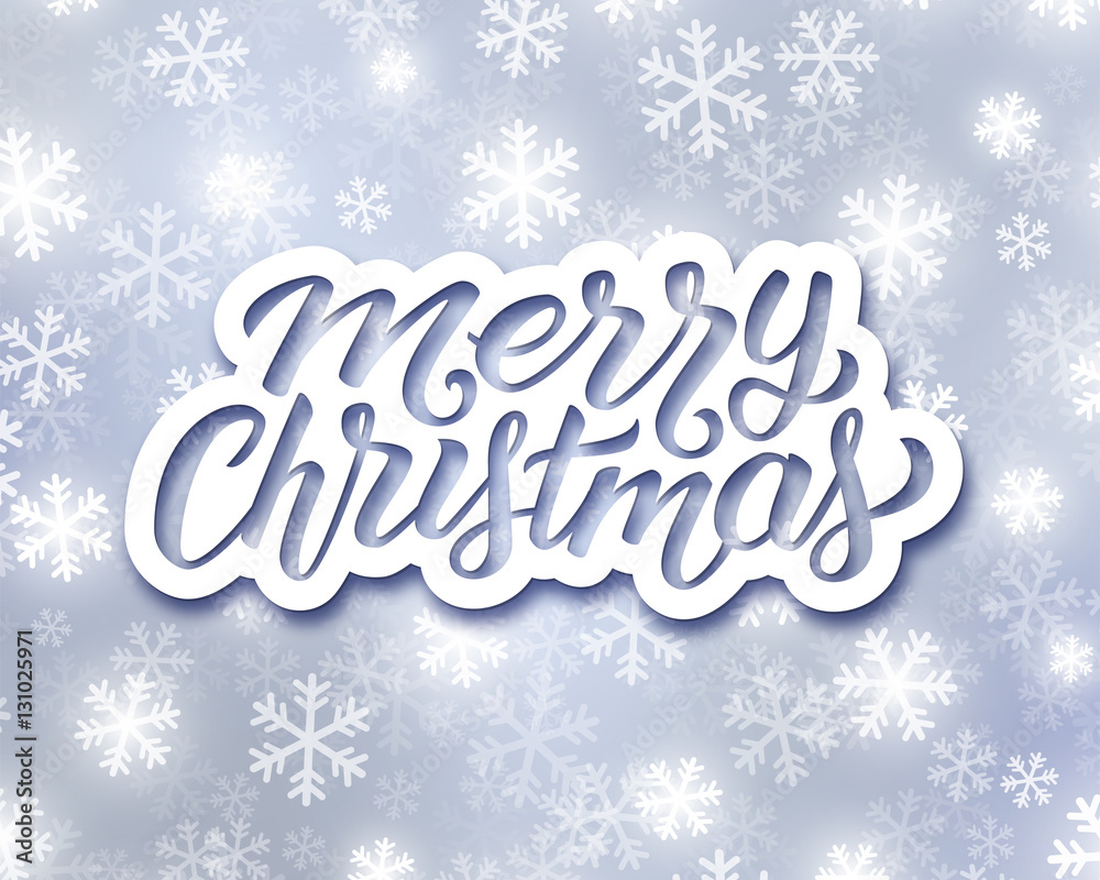 Merry Christmas lettering on festive winter background with snowflakes. Vector greeting card design template with typography Merry Christmas lettering on festive winter background with snowflakes. Vector greeting card design template with typography