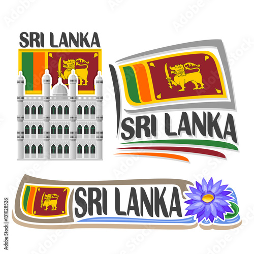 Vector logo Sri Lanka, 3 isolated images: vertical banner dewatagaha mosque in colombo on background lankan national state flag, symbol of sri lanka blue water lily flower, simple ceylon ensign flags.
