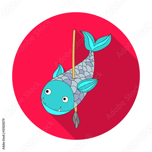 Fish on the spear icon in flat style isolated on white background. Stone age symbol stock vector illustration. photo