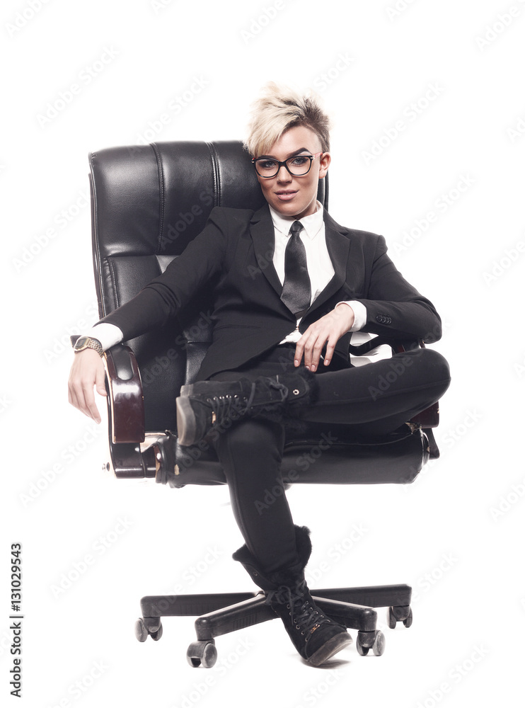 Blond beautiful business lady in white shirt eyeglasses black su Blond beautiful business lady in white shirt eyeglasses black su