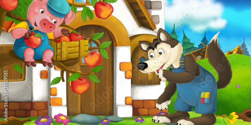Plakat Kreskówki scena z wilczym pobliskim wioska domem - świnia ogląda on od drzewa - ilustracja dla dzieci