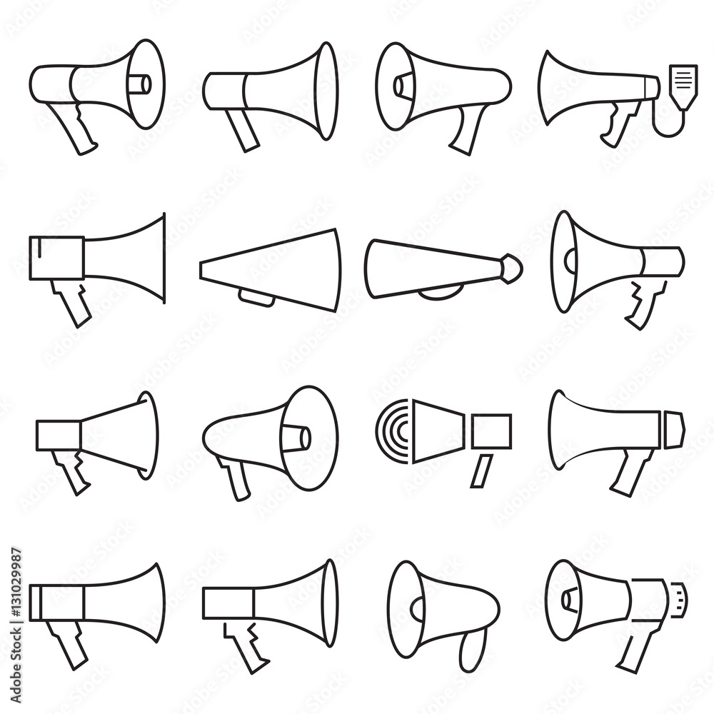 Fototapeta premium Set of linear megaphone icons isolated on a white background. Vector illustration