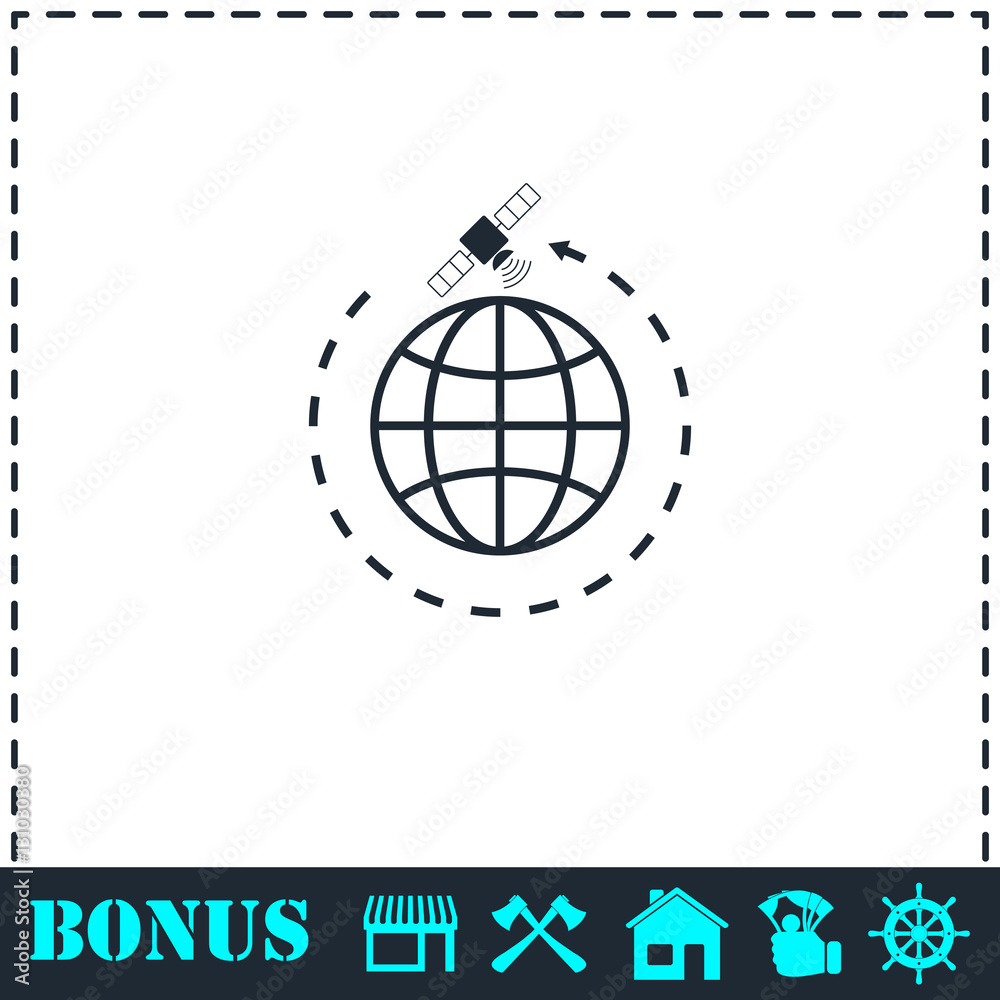 Globe symbol with satellites icon flat Globe symbol with satellites icon flat