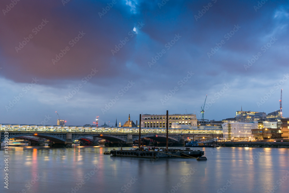 LONDON, ENGLAND - JUNE 17 2016: Night Photo of Thames River and Blackfriars Bridge, London, Great Britain