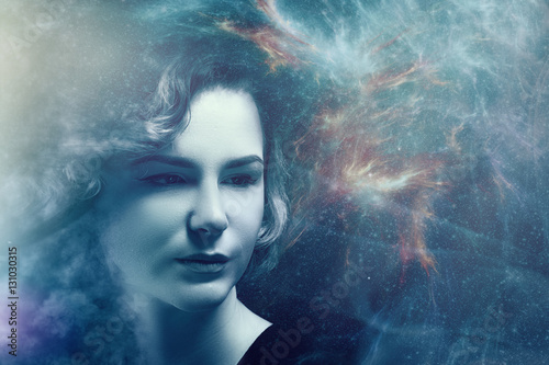 Fantastic female portrait with space nebula and lights, science