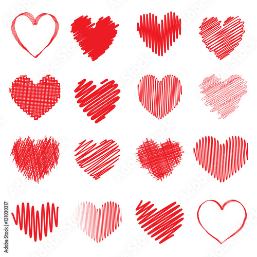 Collection of red scribble heart symbols isolated on a white background. Vector illustration